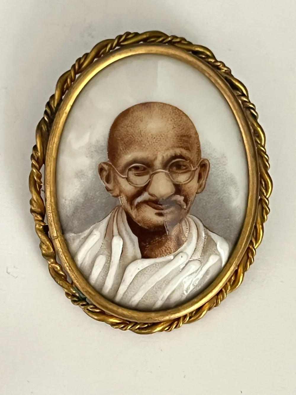 Limoges France Brooch Mahatma Gandhi Porcelain Hand-Painted, Gold Gilt Frame